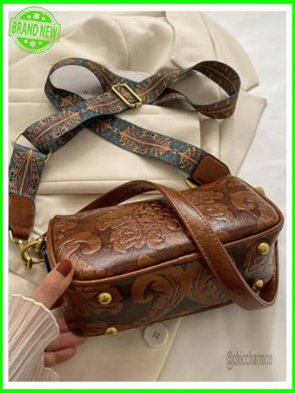 Vintage Western Tooled Leather Crossbody Bag Floral Zipper Hobo Purse